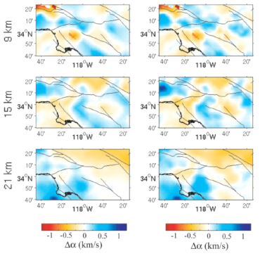 Map views of the Vp model for the starting model CVM3.0 (left column), the improved model LAF3D (middle column), and the relative perturbation of LAF3D relative to CVM3.0 (right column). (From Chen et al., 2007).