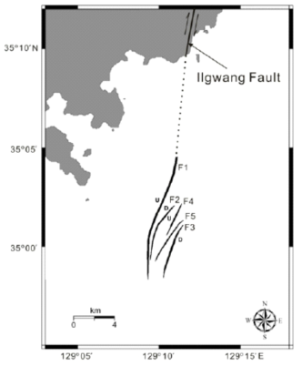 Map showing the locations of the Quaternary faults in the study area. Interpreted sense of displacement of the fault blocks imaged on the profiles are indicated (U = up, D = down). Fault locations and the sense of displacement support an interpretation that the faults constitute a duplex-like fault zone occurring at the releasing bend of the Ilgwang fault. (Kim et al., 2016a)