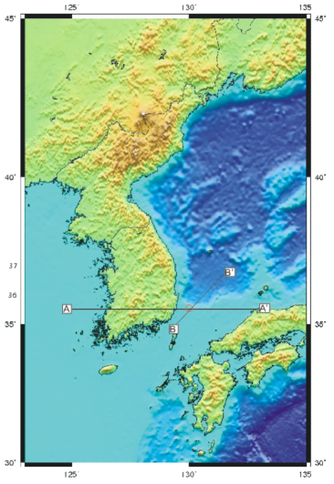 Lines to estimate crustal structure including the epicentral area of the 2016/7/5 earthquake. (김한준 등, 2017)