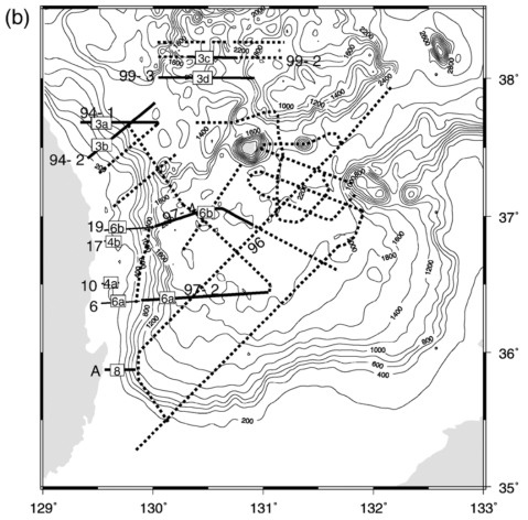 Locations of 2D seismic lines in the East Sea acquired by the KIOST. (Kim et al,. 2007)