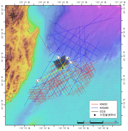 Locations of multichannel seismic profiles obtained on the SE continental shelf of Korea