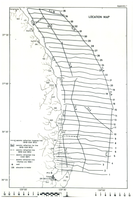 Locations of 2D seismic lines obtained in the Hupo Basin in the East Sea