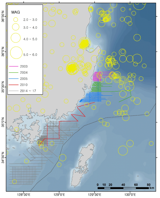 Locations of high-resolution seismic lines obtained offshore the SE Korean Peninsula