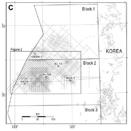 Locations of 2D seismic lines obtained in the Yellow Sea. (Shin et al., 2010)