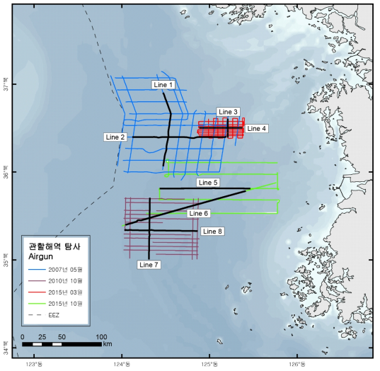 Locations of 2D seismic lines of KIOST obtained in the Yellow Sea