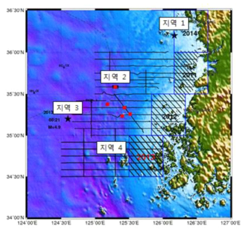 Locations of seismic lines of KIGAM obtained in the Yellow Sea