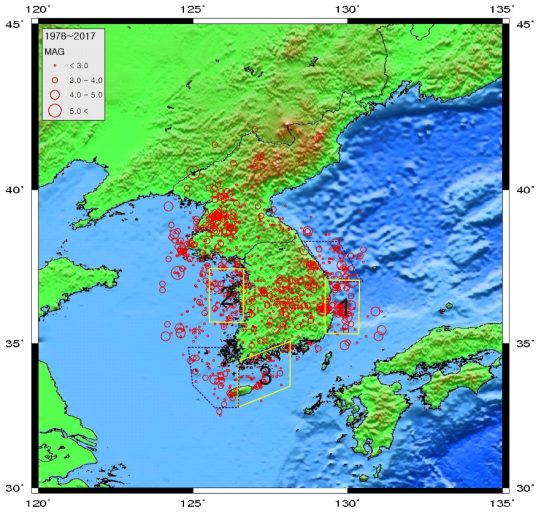 Zones for offshore fault mapping using the high-resolution seismic survey method. Zones 1, 2, and 3 are southeast, west, and southwest offshore the Korean Peninsula