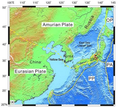 Plate boundaries in NE Asia. PA, PP, and OP = Pacific, Philippine Sea, and Okhotsk Sea plates; SI = Sakhalin Island; ISTL = Itoigawa-Shizuoka Tectonic Line