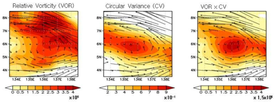 열대섭동 주변의 바람장(벡터)와 회전을 나타내는 지표(음영: 상대와도(좌), CV(중), 및 상대와도와 CV의 곱(우))