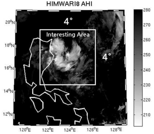 Himawari-8 AHI IR 14번 채널이미지 예시. 강도와 관련된 변수들은 태풍 중심으로부터 4°×4° 정사각형 범위 (interesting area)에서 산출되었다