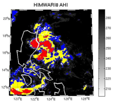 Himawari-8 AHI IR 14번 채널의 밝기온도 값에 따른 분류 이미지. 파란색 영역은 대류 지역으로 265 K 이상 280 K이하의 온도 범위를, 노란색 영역은 강한 대류 지역으로 240 K 이상 265 K 미만의 온도 범위를, 빨간색 영역은 매우 강한 대류 지역으로 240 K 미만의 온도 범위를 나타낸다