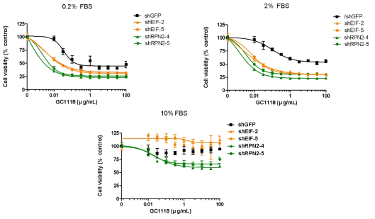 RPN2와 EIF2S2 유전자가 KD 된 LS174T세포에서의 serum 농도에 따른 GC1118의 반응성