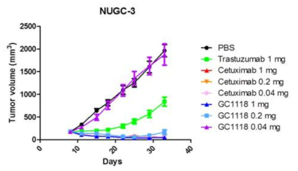 The anti-tumor effect of GC1118, Erbitux (Cetuximab) and Herceptin (Trastuzumab) on NUGC-3 xenograft mouse model