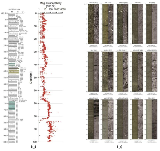 (a) 19ESDP-104 주상도(columnar section) 및 대자율(Magnetic Susceptibility), (b) 대표 퇴적상 사진