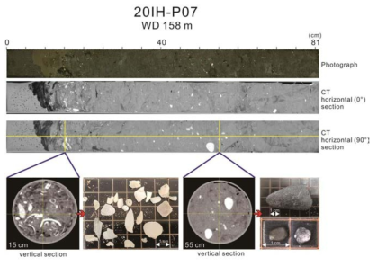 20IH-P07 피스톤코어의 CT 영상과 구성광물