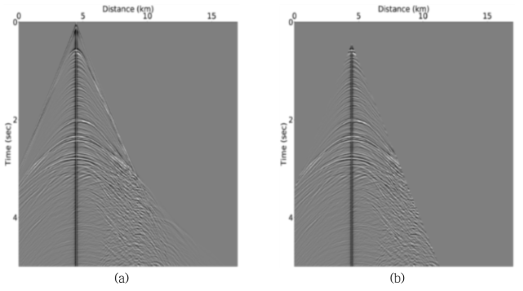 (a) 2D 탄성매질 수치모델링을 통해 구한 인공합성자료 및 (b) 역시간 구조보정을 위해 직접파를 제거한 자료