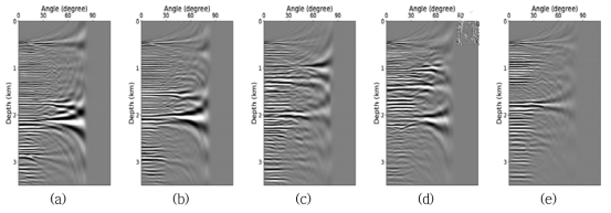 평활화된 실제 모델을 이용한 역시간 구조보정의 (a) 4.5, (b) 6.5, (c) 8.5, (d) 10.5, 및 (e) 12.5 km 수평거리에서의 입사각영역 공통이미지 모음