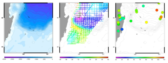 동해 남부 지형도(bathymetry(m)), 프리에어중력이상도(Free-air gravity anomaly(mGal)), 지열도(mW/m2)