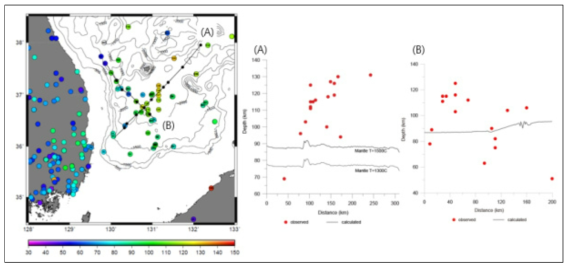 (왼쪽) 연구지역 (A)와 (B)의 위치와 관측지열값 위치와 값. (오른쪽) 왼쪽 지도의 (A)와 (B) 라인에서의 관측지열값(빨간 점)과 계산지열값(검은 실선)