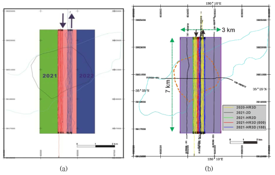 The maps of tracks of the high-resolution 3D seismic survey performed in (a) 2020 and (b) 2021