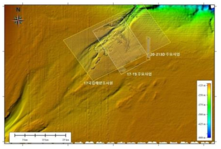 동해 남부 대륙붕 해저지형과 주요 조사구역도