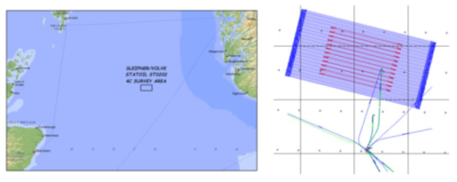 The Volve 4C survey area map in the North Sea by the Equinor (left) and the designed survey lines (right)