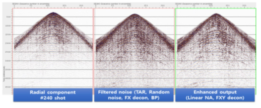 Data enhancement process using random noise attenuation of PS wave, FX decon, and Linear noise attenuation