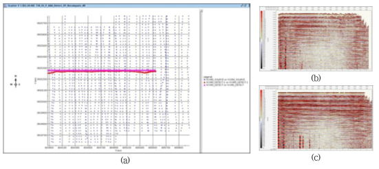 (a) Source position and initial receiver position (magenta) and modified receiver position using first break picking, brute stack (b) before, and (c) after modification