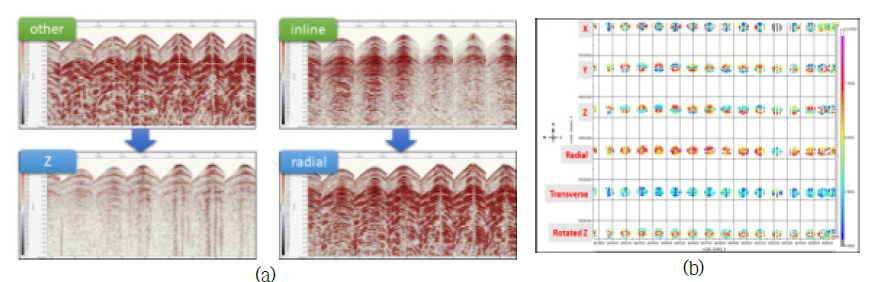 (a) Vertical and radial common shot gathers after the trace rotation and (b) QC using RMS amplitude