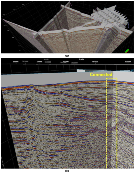 (a) Final stack sections after applying both time- and depth-processing (19 lines). (b) Two intersecting lines (20IH-L102 and L109) for the cross-validation