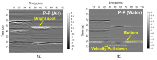 P-P 단일채널 탄성파 단면 (a) 공기 주입, (b) 물 주입