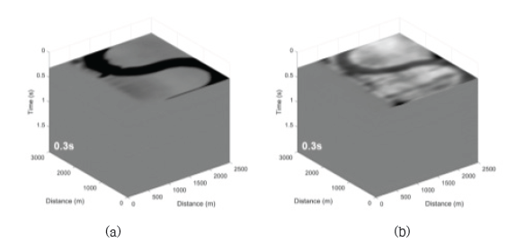 P파 3차원 zero-offset 취득 자료 (a) 공기 주입, (b) 물 주입