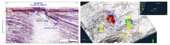 동해 울릉분지 천연가스 저류층 탄성파 단면도 및 천연가스 저류층 분포도(3D 탄성파 일관성 속성)
