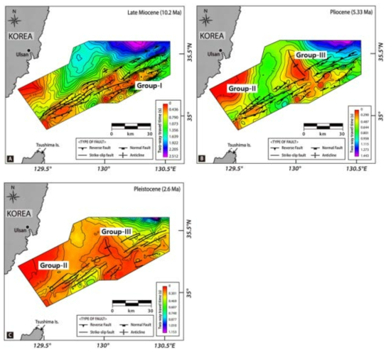 주요 단층의 시간구조도(time-structure map) (A) H-1(10.2 Ma), (B) H-3(5.33Ma), and (C) H-5(2.6 Ma)