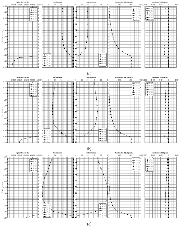 주입정 내에서의 모세관압, 가스 포화도, 침전 염 포화도, CO2(g) 내 물 질량비, 염수 내 염 질량비의 수직적 변화; (a) 365 일, (b) 730 일, (c) 1,140 일