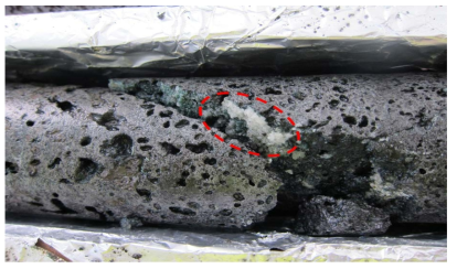 3-2-35. CarbFix 프로젝트의 CO2 주입현장의 현무암 코어. 흰색입자가 CO2 가 광물화된 Mg-탄산염임(https://www.or.is/english/carbfix- project/ about-carbfix)