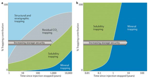 CO2 저장 지층에 주입되는 CO2 상에 의한 광물화 시간 비교. (a) 초임계 CO2 주입 (b) CO2-물 혼합상 주입(Snaebjornsdottir et al., 2020)