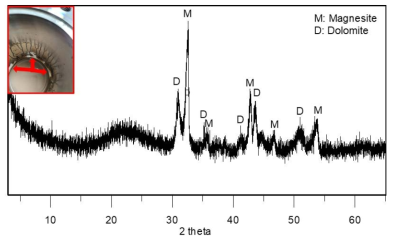 XRD pattern and photograph of carbonates attached on the wall of autoclave. Arrows indicates carbonates attached on the wall of the autoclave