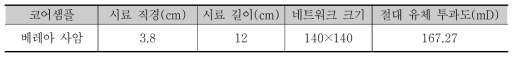 공극 네트워크 수치 해석 조건 및 산정된 절대 유체 투과도