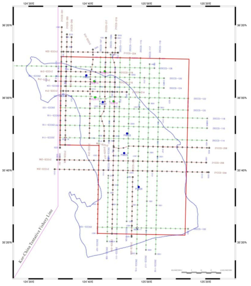 서해 군산분지 동소분지 심부 2D 탄성파 탐사 측선도(2021 년). PEW: Proposed Exploration Well, PIW: Proposed Injection Well