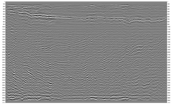 서해 군산분지 동소분지 2D 탄성파 탐사측선 20CCS-117(남북측선)의 전산처리 단면. 탐사측선 위치는 Fig. 3-1-6 참조