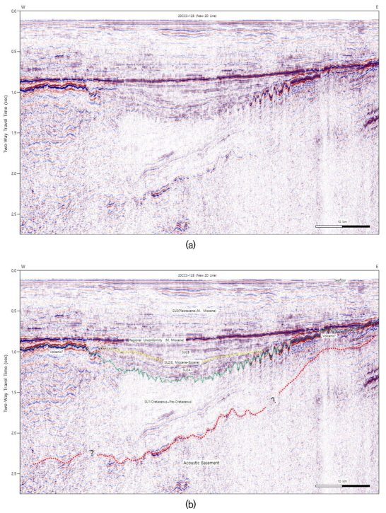 서해 군산분지 2D 탄성파 탐사자료(20CCS-128 측선) 해석 결과(탄성파 단면위치는 Fig. 3-1-14 참조). (a) 해석 전 탄성파 단면, (b) 해석 후 탄성파 단면