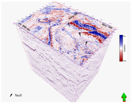 서해 군산분지 중앙소분지 3D 탄성파 볼륨(위치는 Fig. 3-1-22 참조). 종방향측선 420 및 횡방향측선 1340 에 대한 수직단면은 Fig. 2-1-26 참조