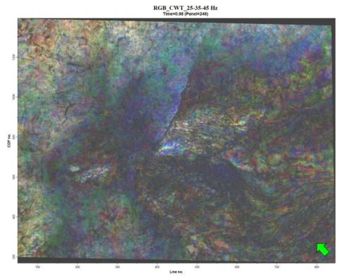 군산분지 상부 탄성파 단위층2(SU2A) 지역에 대한 3D 탄성파 RGB 중합 볼륨(시간단면 t=980 ms). 녹색화살표는 북쪽 지시