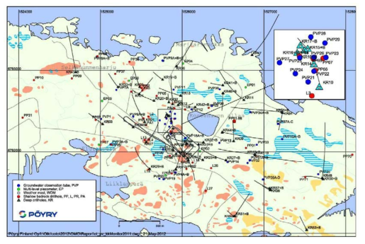 핀란드 Posiva 사이트 주변 지하수위 관측공 배치 (Vaittinen et al.,2013)