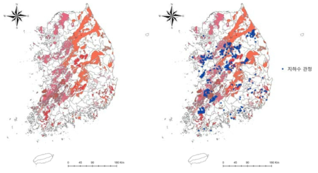 ArcGIS를 이용하여 필터링해서 나타낸 그림 (좌) 25만:1 지질도를 필터링해서 나타낸 화강암반 (우) 화강암반의 지하수 관정 위치도