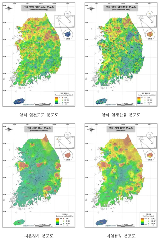 우리나라 사용 후 핵연료 처분지 선정 지열평가인자 분포 주제도 (한국의 지열주제도감, 2019)