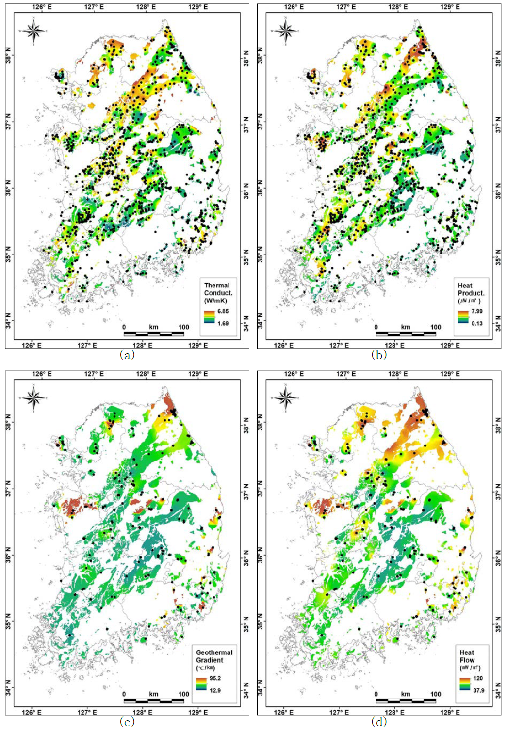 화강암지역 지열분포도 (a) 암석열전도도, (b) 열생산율, (c) 지온경사, (d) 지열류량