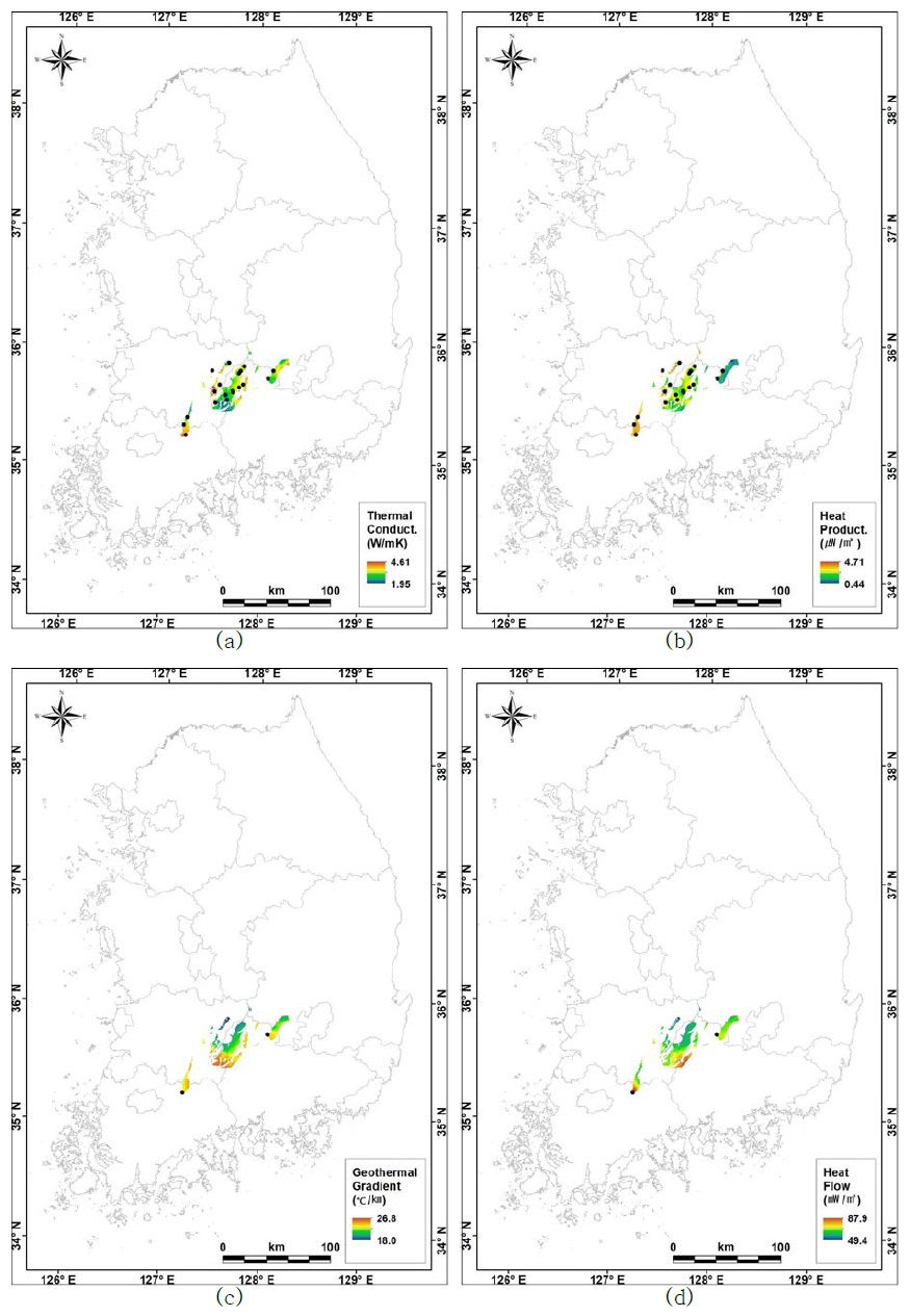트라이아스기 화강암지역 지열분포도 (a) 암석열전도도, (b) 열생산율, (c) 지온경사, (d) 지열류량
