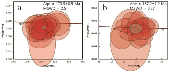 SHRIMP를 이용한 저어콘 연대측정 분석결과. (a)원주화강암; (b) 춘천화강암